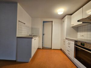 Küchenzeile mit E-Herd und Kühlschrank